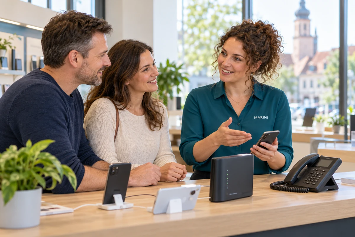Die Marini-Beraterin bespricht mit einem Paar passende Verbindungen für ihren Alltag